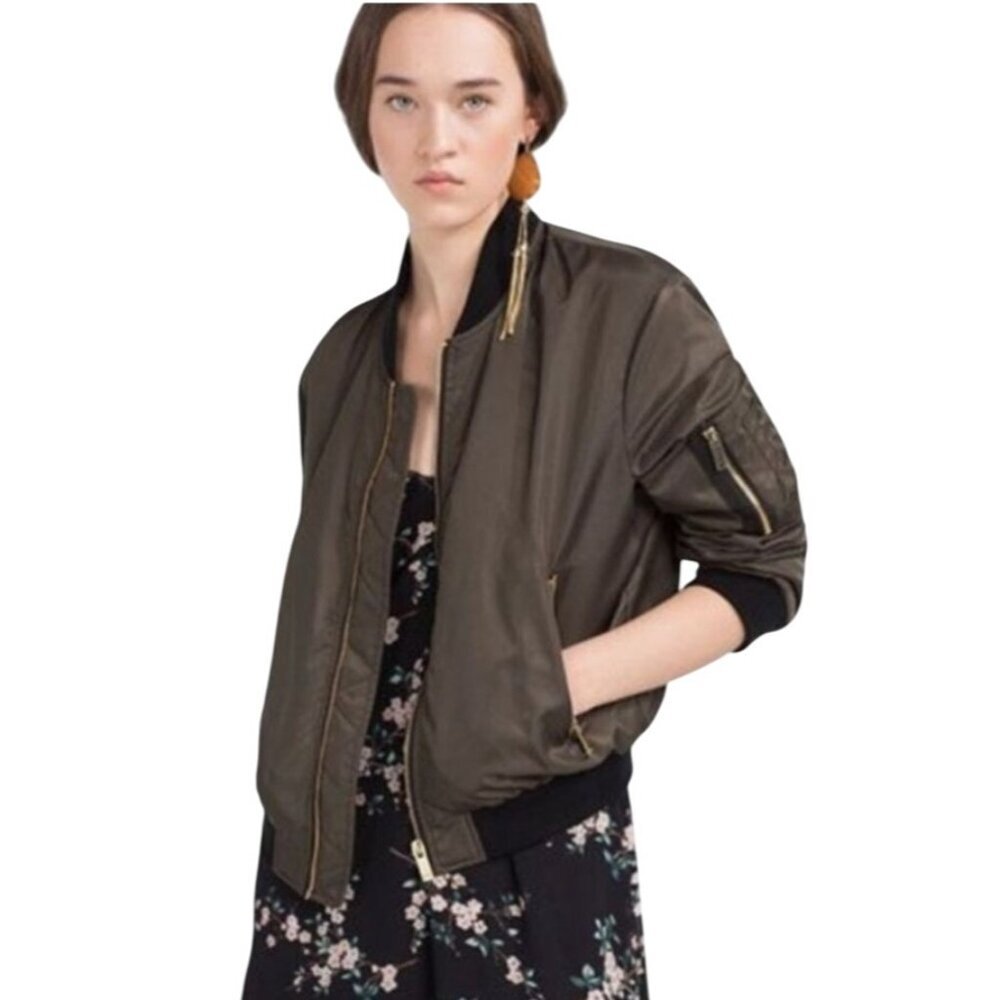 Zara Womens Bomber Jacket S Satin Full Zip Aviator Green Pockets‎ Short Satin